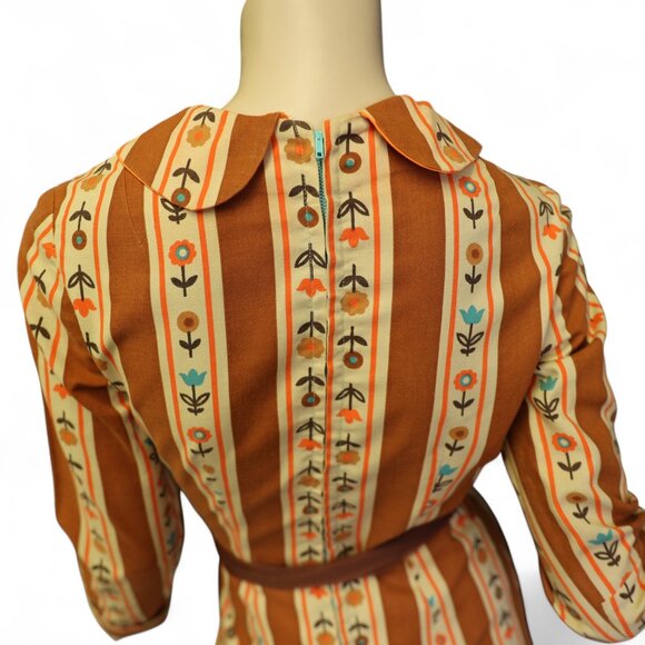Vintage 1960s Mod Dress – Rust Orange Floral Stripe - Small - Picture 7 of 10